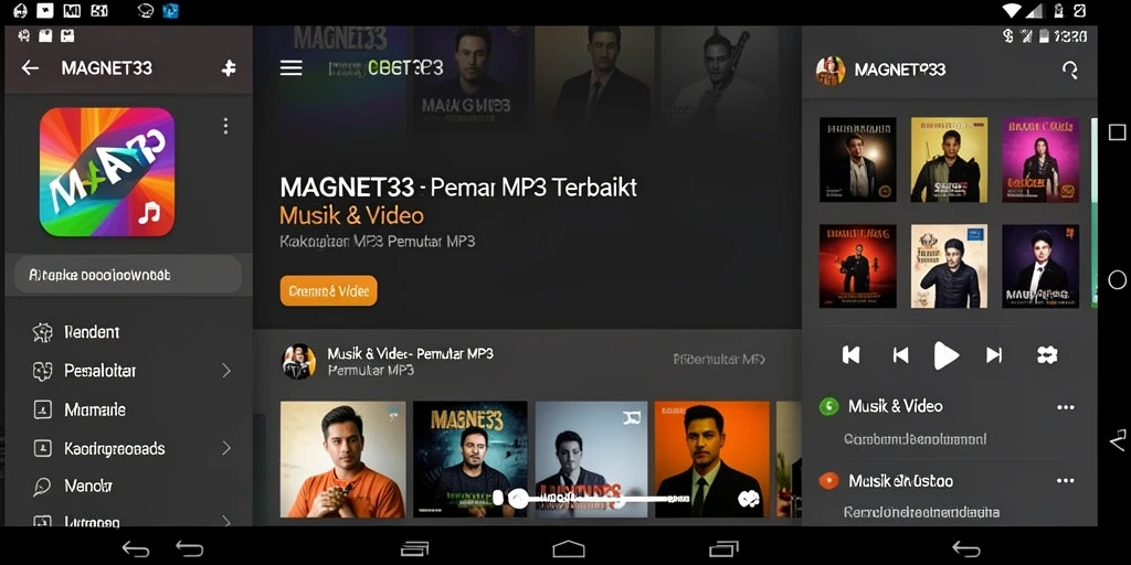 Tampilan antarmuka MAGNET33 saat memutar lagu dengan fitur lengkap Pemutar MP3.